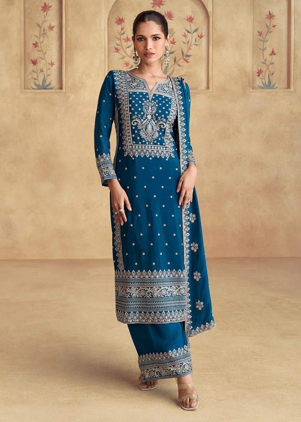 Blue Embroidered Chinnon Silk Designer Salwar Suit