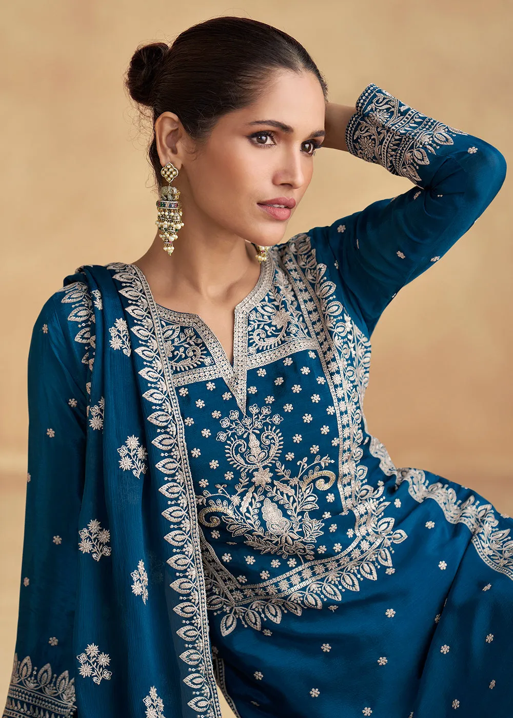 Blue Embroidered Chinnon Silk Designer Salwar Suit