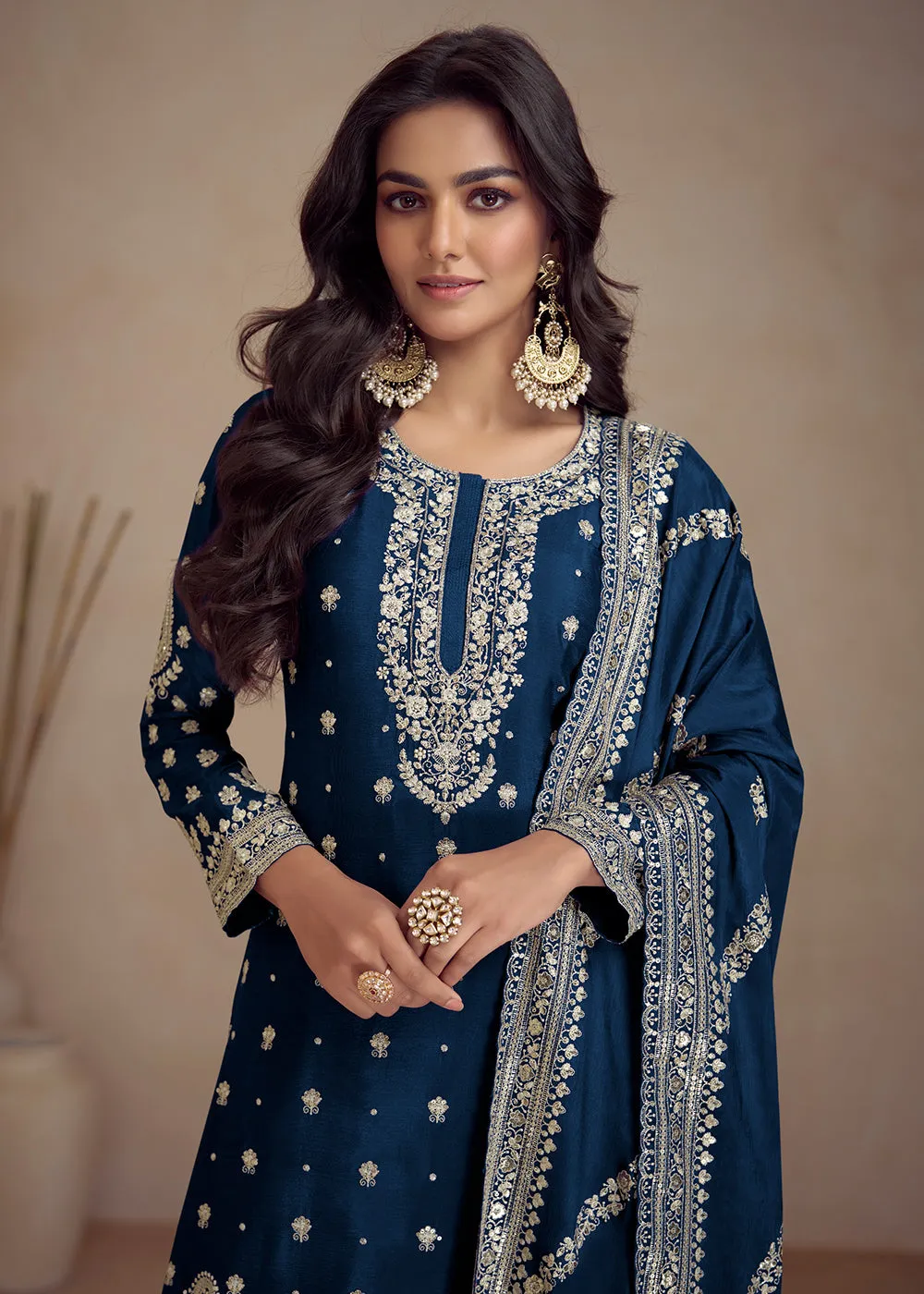 Blue Embroidered Real Chinnon Designer Palazzo Suit