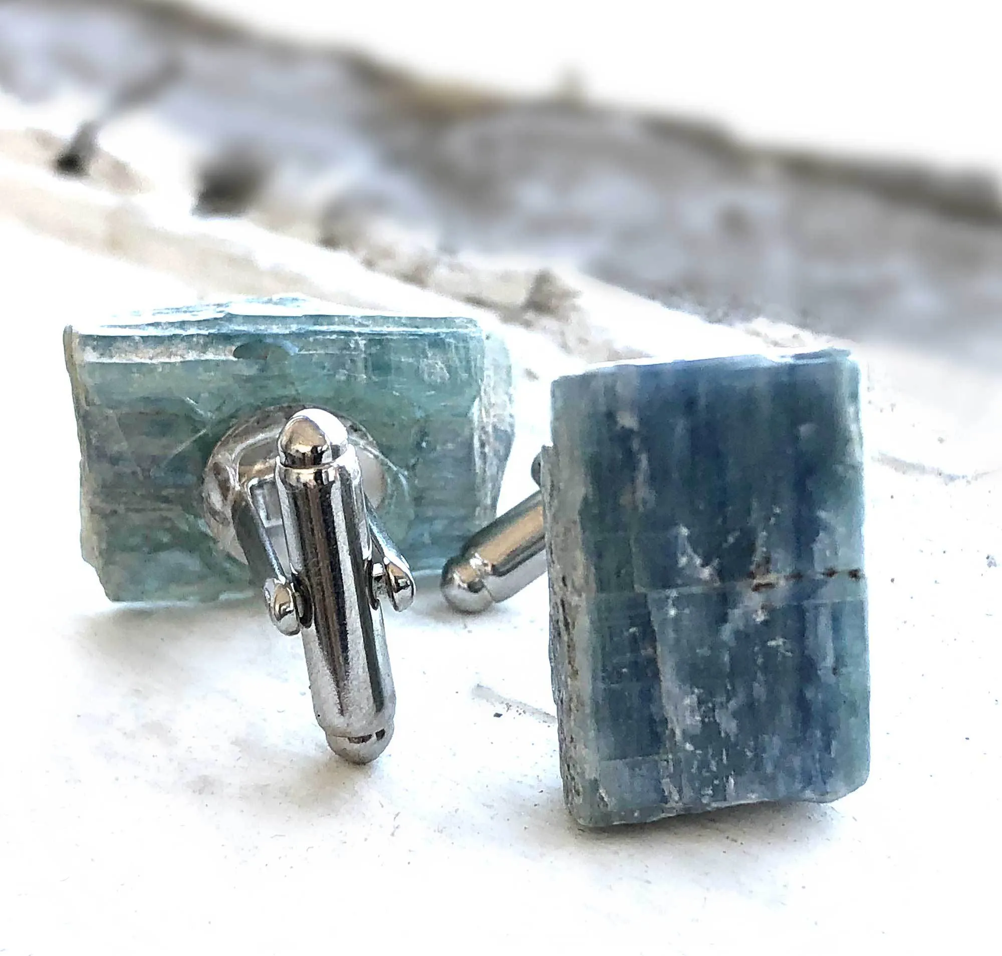 Blue Kyanite Cufflinks, natural raw stone cufflinks