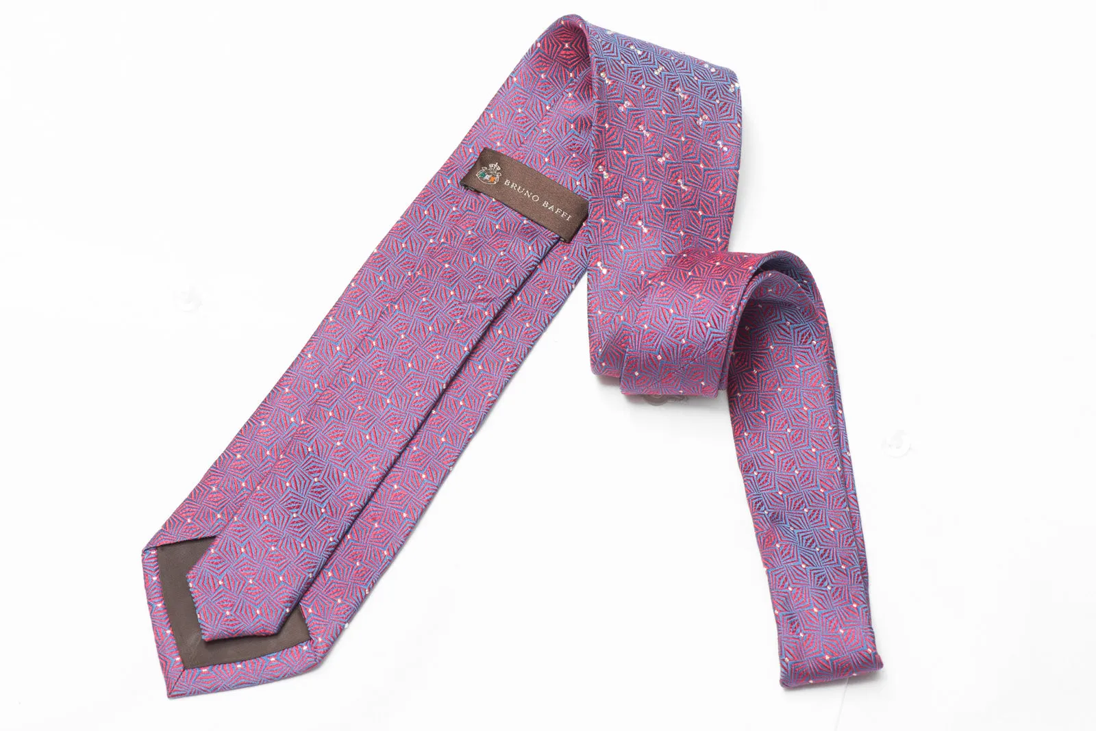 Blue Pink Geometric Rhinestone Silk Necktie With Silver Sparkles