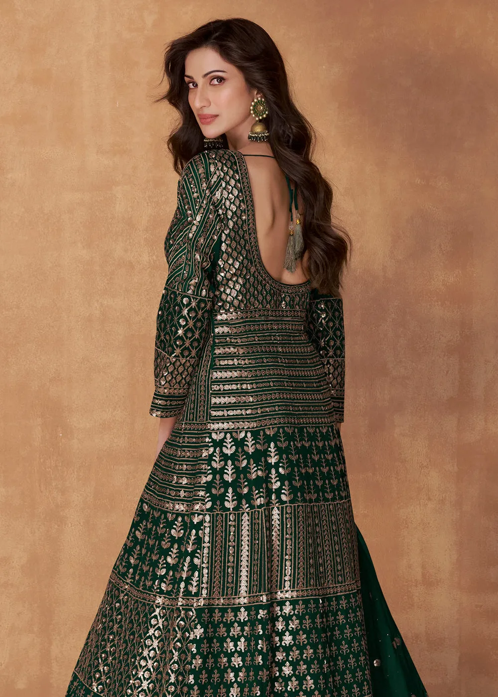 Bottle Green Skirt Style Embroidered Wedding Anarkali Suit