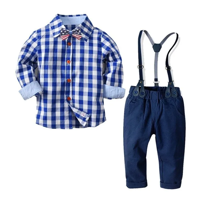 Boy Plaid Dress Shirt   Suspender Pants Gentleman Suit