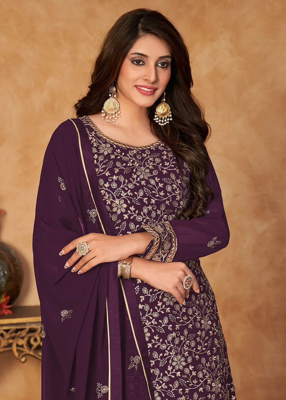 Brilliant Plum Purple Embroidered Ceremonial Gharara Suit