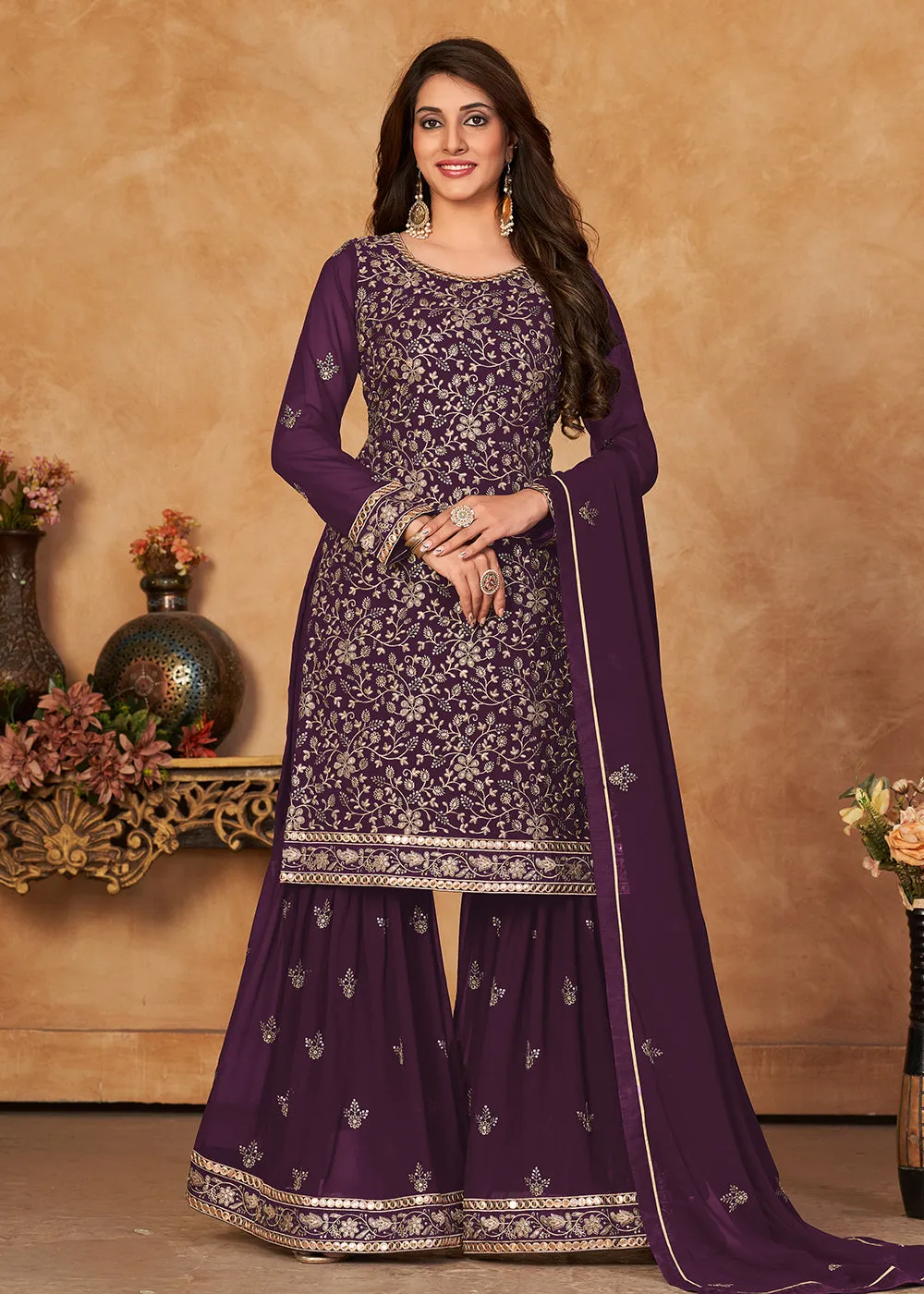 Brilliant Plum Purple Embroidered Ceremonial Gharara Suit