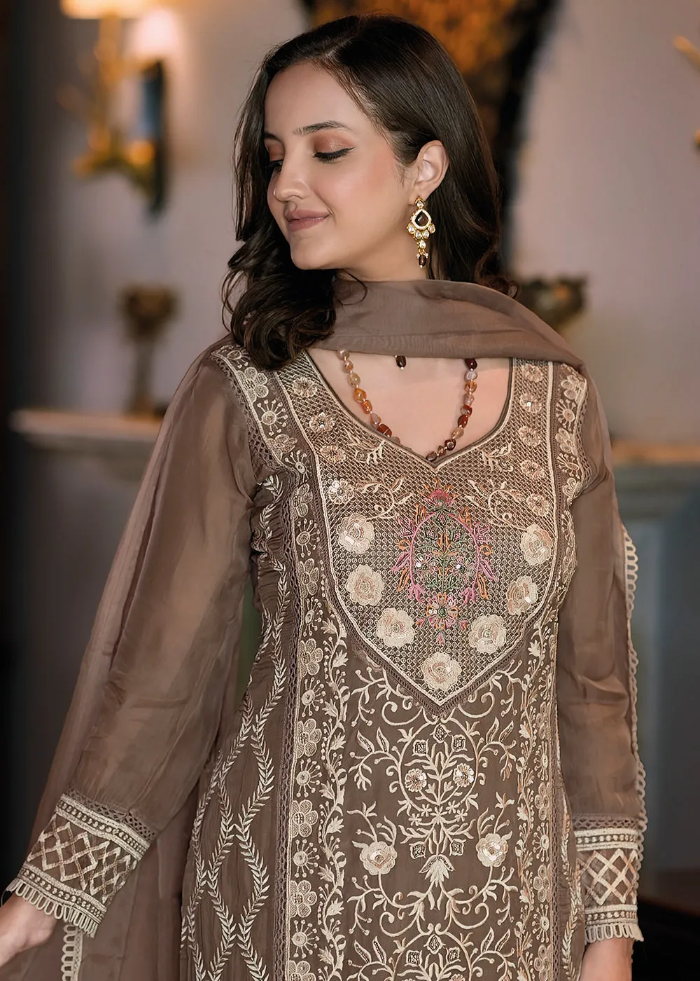 Brown Organza Fancy Khatli Work Pakistani Style Suit