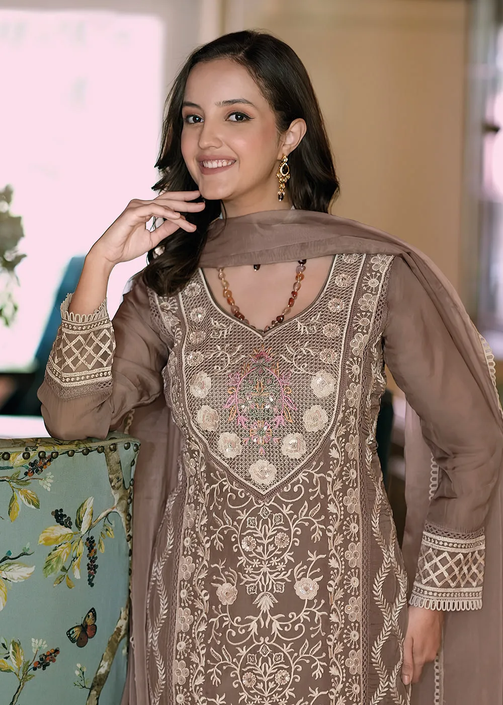 Brown Organza Fancy Khatli Work Pakistani Style Suit