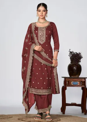 Brown Vichitra Silk Embroidered Wedding Festive Palazzo Suit