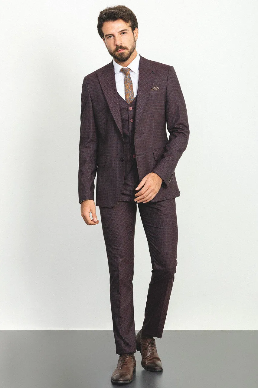 Burgundy Checkered 3-Piece Suit