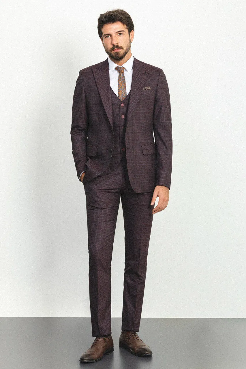 Burgundy Checkered 3-Piece Suit