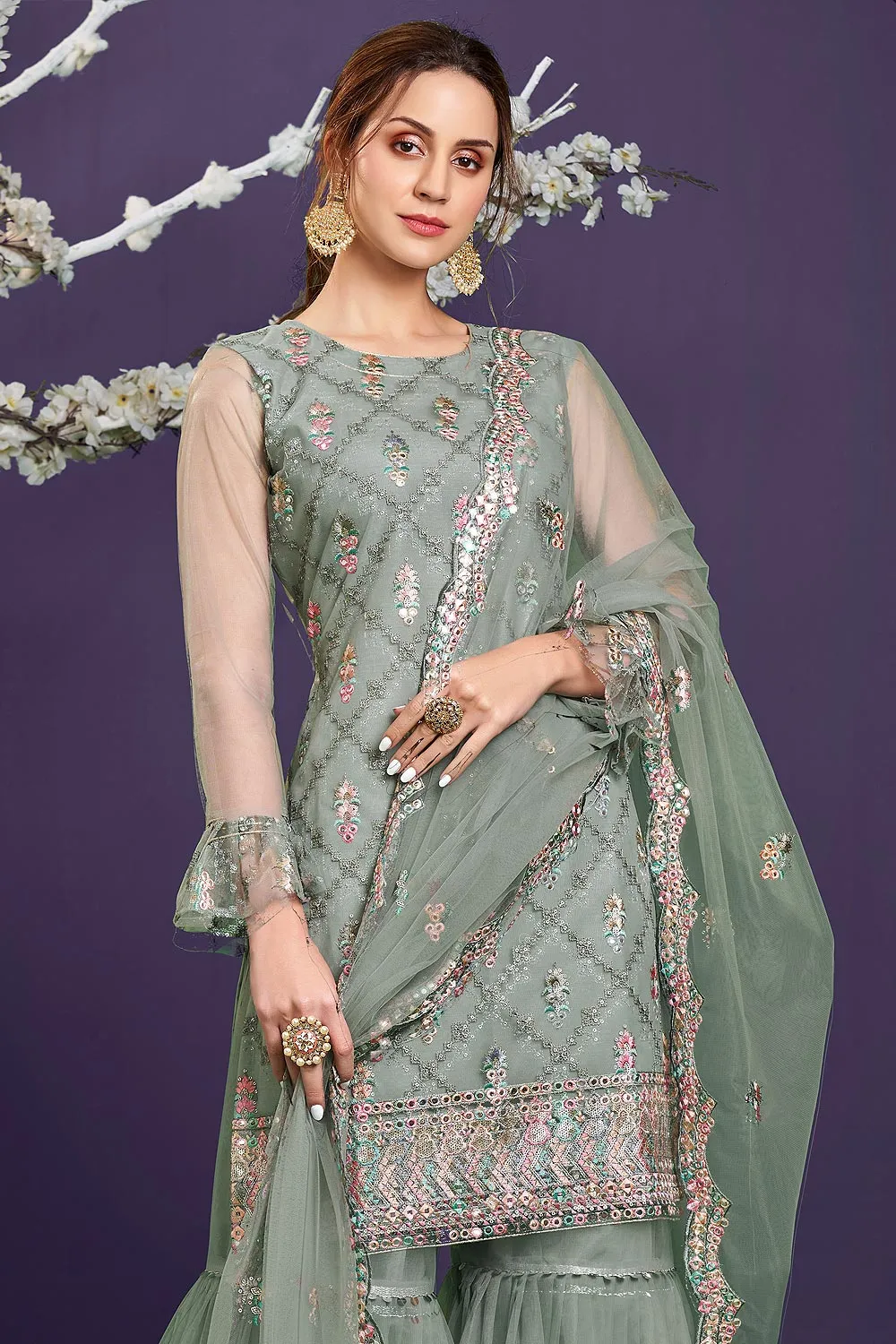 Butterfly Net Sage Green Premium Embroidered Gharara Suit