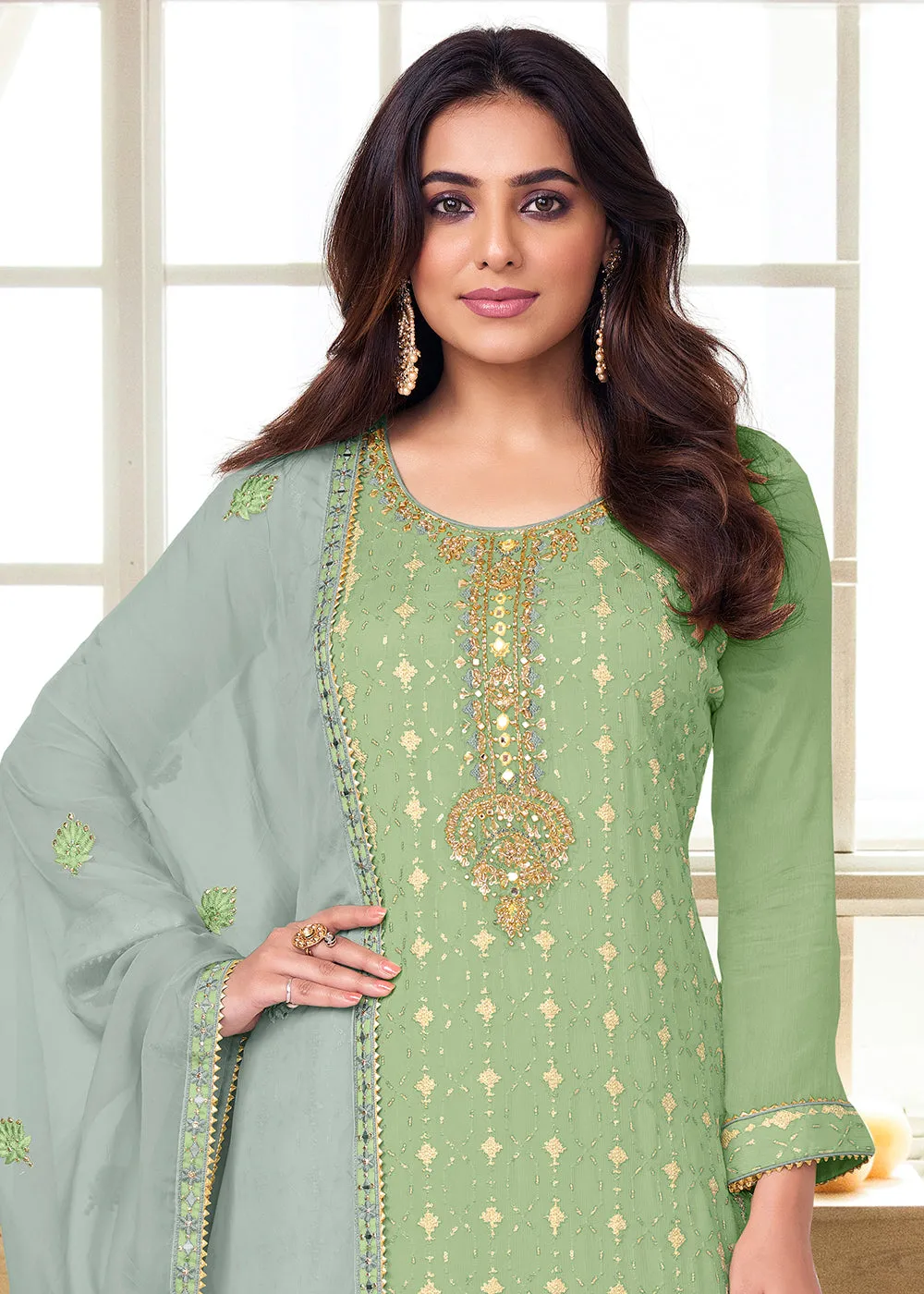 Charming Light Green Heavy Chinon Embroidered Palazzo Kurta Set