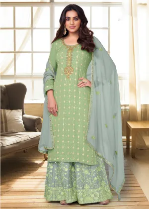 Charming Light Green Heavy Chinon Embroidered Palazzo Kurta Set