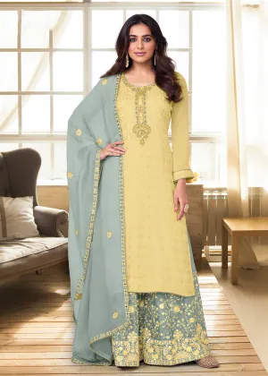 Charming Light Yellow Heavy Chinon Embroidered Palazzo Kurta Set