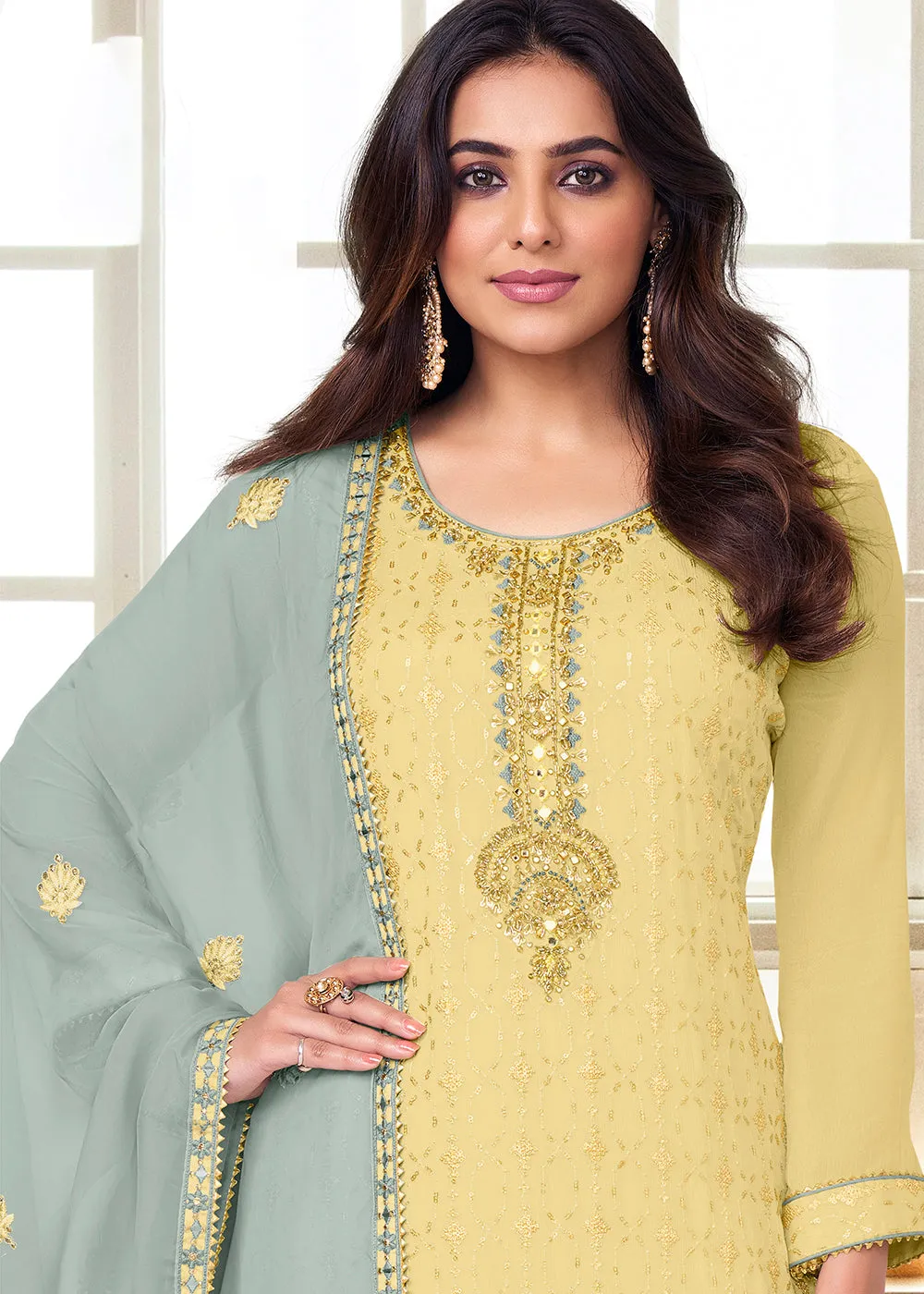 Charming Light Yellow Heavy Chinon Embroidered Palazzo Kurta Set