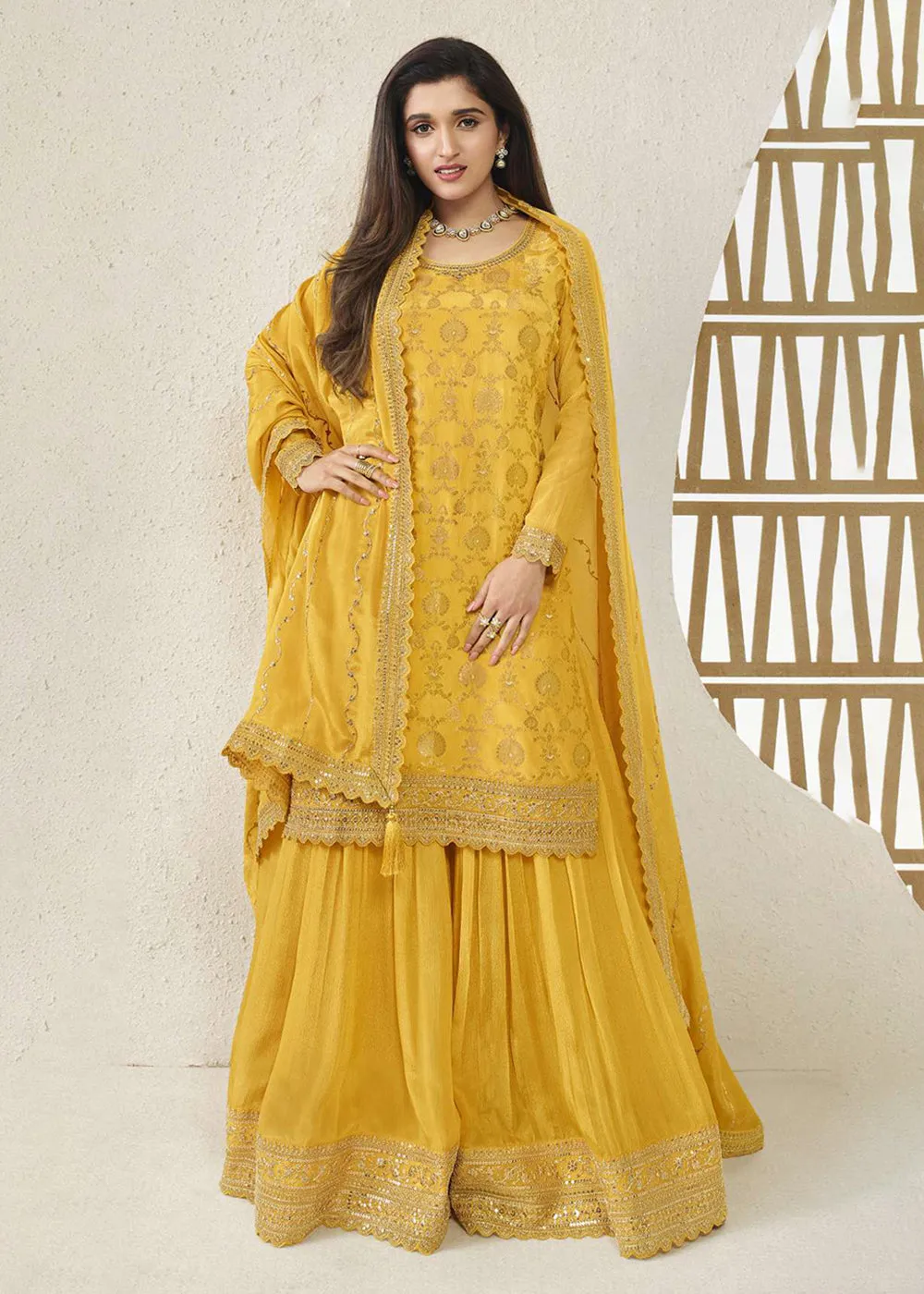 Chinnon Jacquard Yellow Zari Embroidered Palazzo Suit