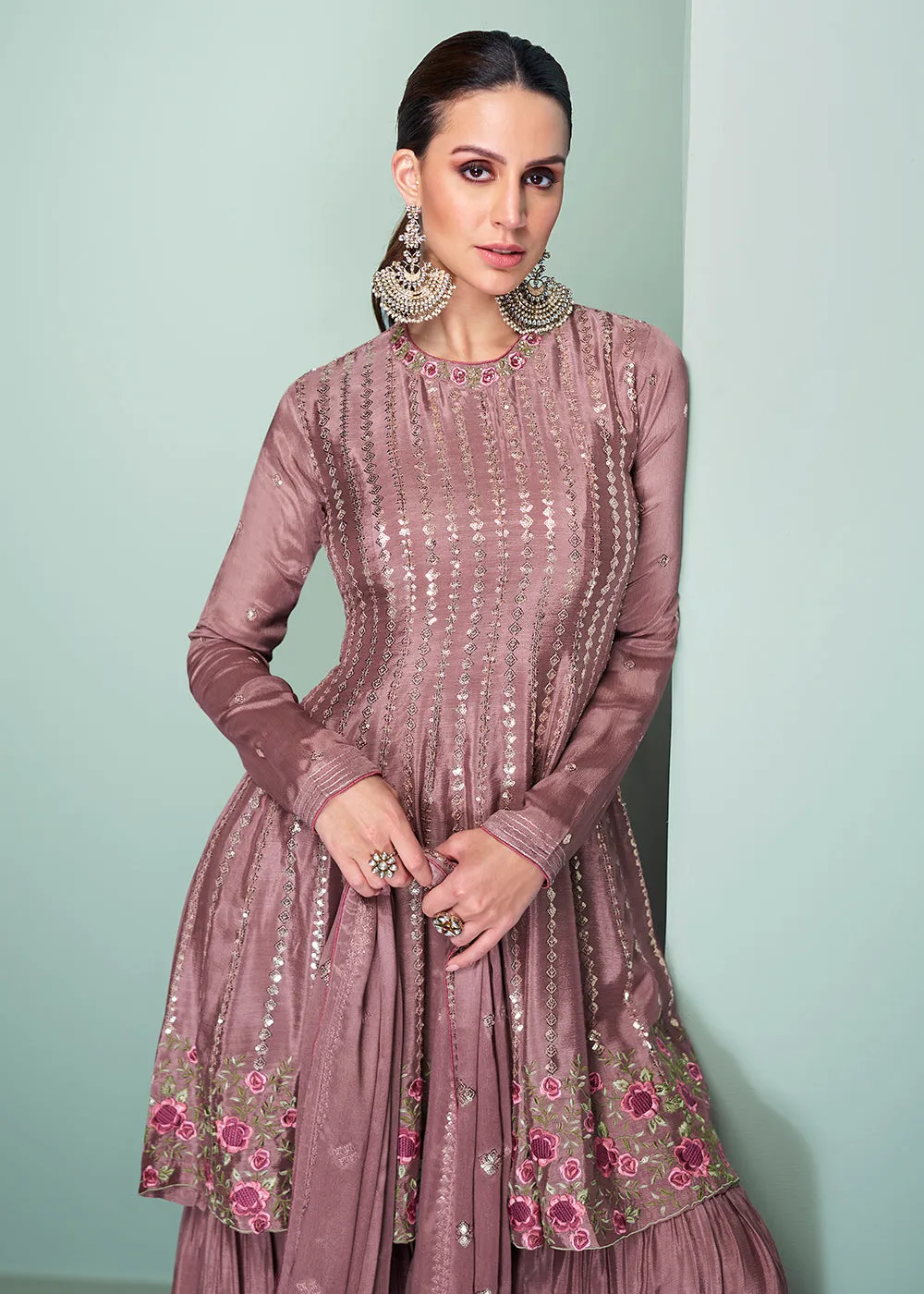 Chinnon Material Pink Embroidered Festive Gharara Suit