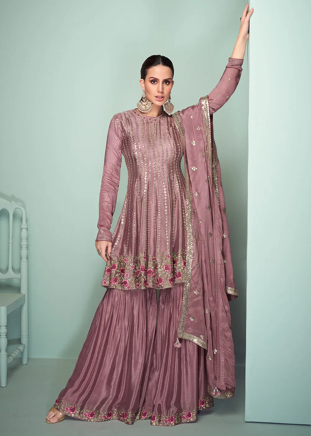 Chinnon Material Pink Embroidered Festive Gharara Suit