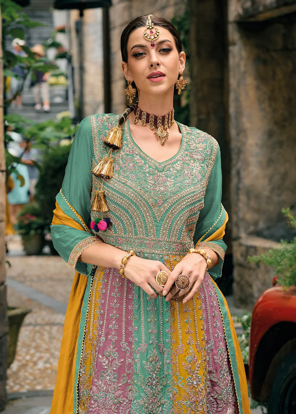 Chinnon Sea Green Multicolor Embroidered Punjabi Style Palazzo Suit