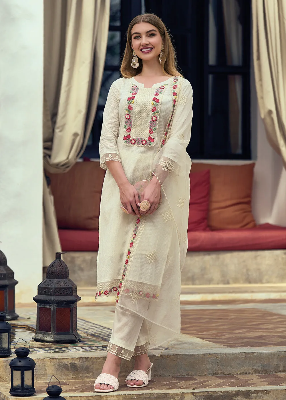 Cotton Lovely Off White Embroidered Pant Style Salwar Suit