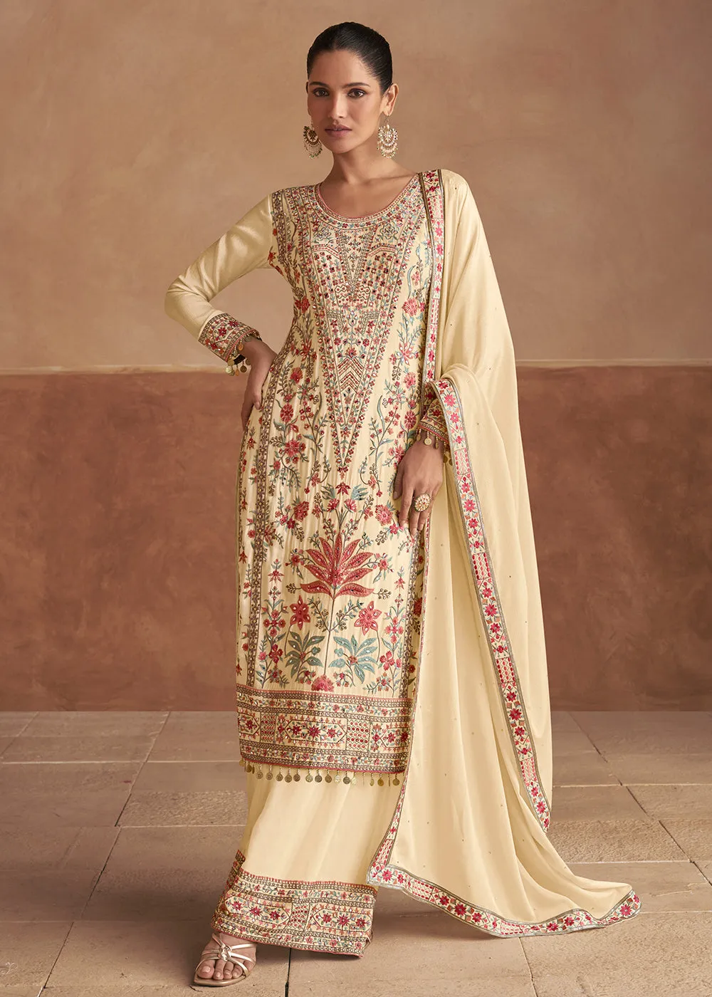 Cream Handwork Embroidered Festive Palazzo Style Suit