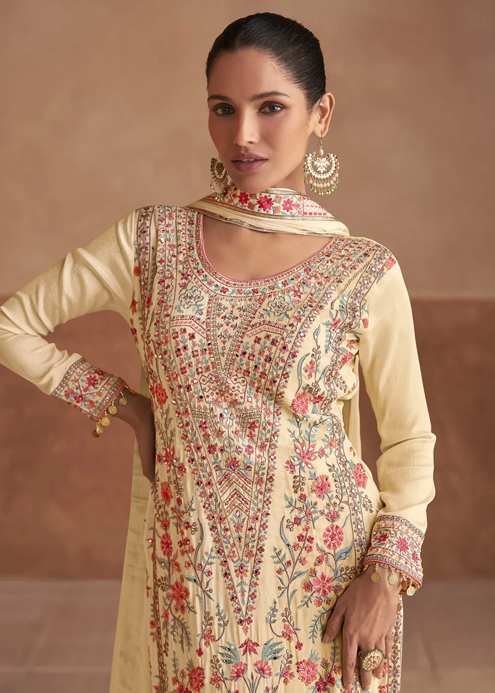 Cream Handwork Embroidered Festive Palazzo Style Suit