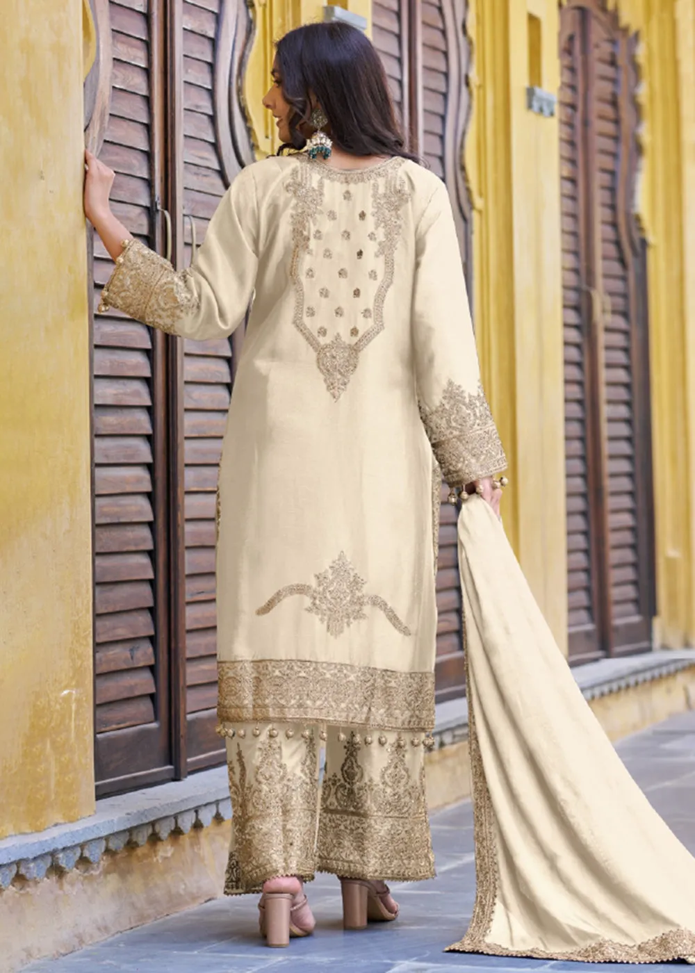 Cream Semi Pure Chinnon Embroidered Wedding Palazzo Suit