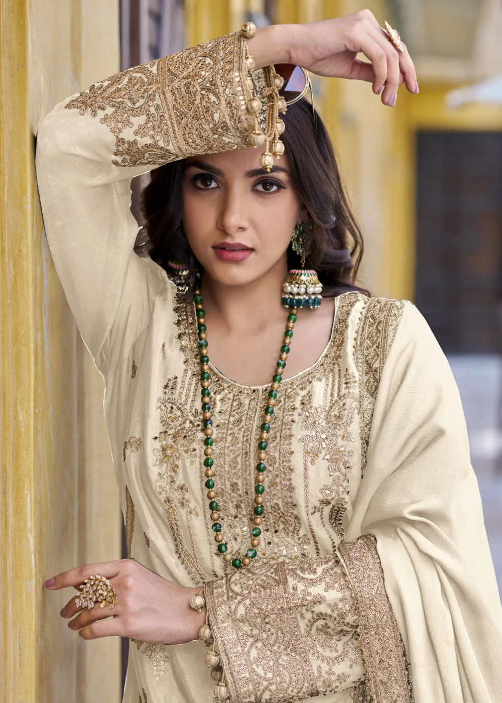 Cream Semi Pure Chinnon Embroidered Wedding Palazzo Suit