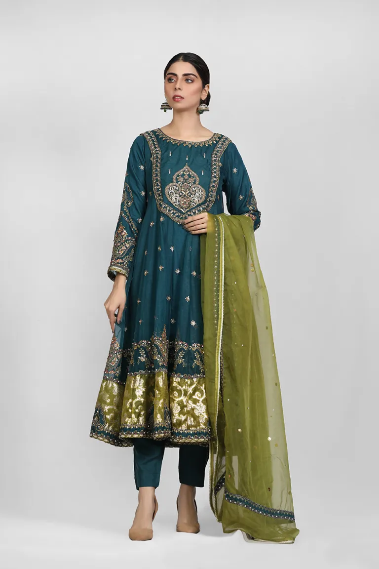 Dark Green and Mehndi Green A Line Formal Suit