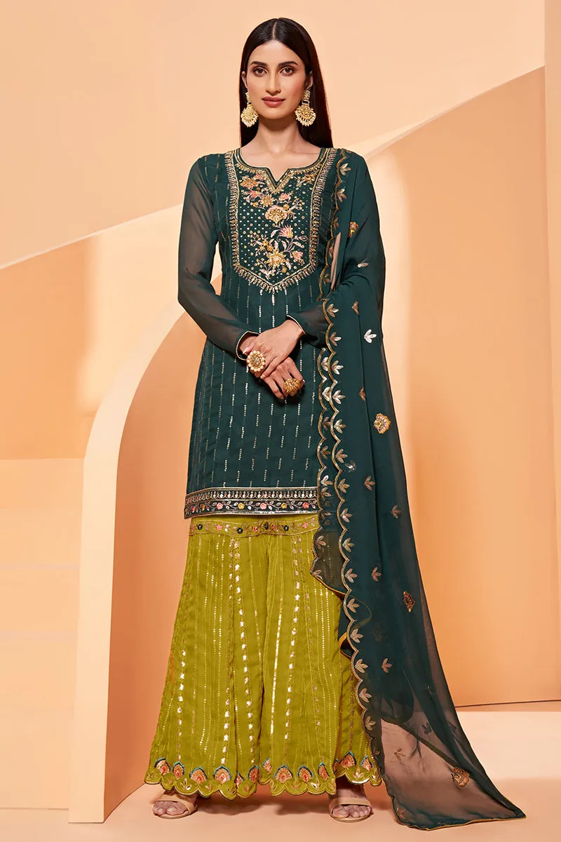 Dark Green Designer Pakistani Style Sequins Sharara Suit