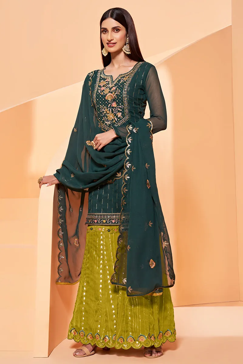 Dark Green Designer Pakistani Style Sequins Sharara Suit