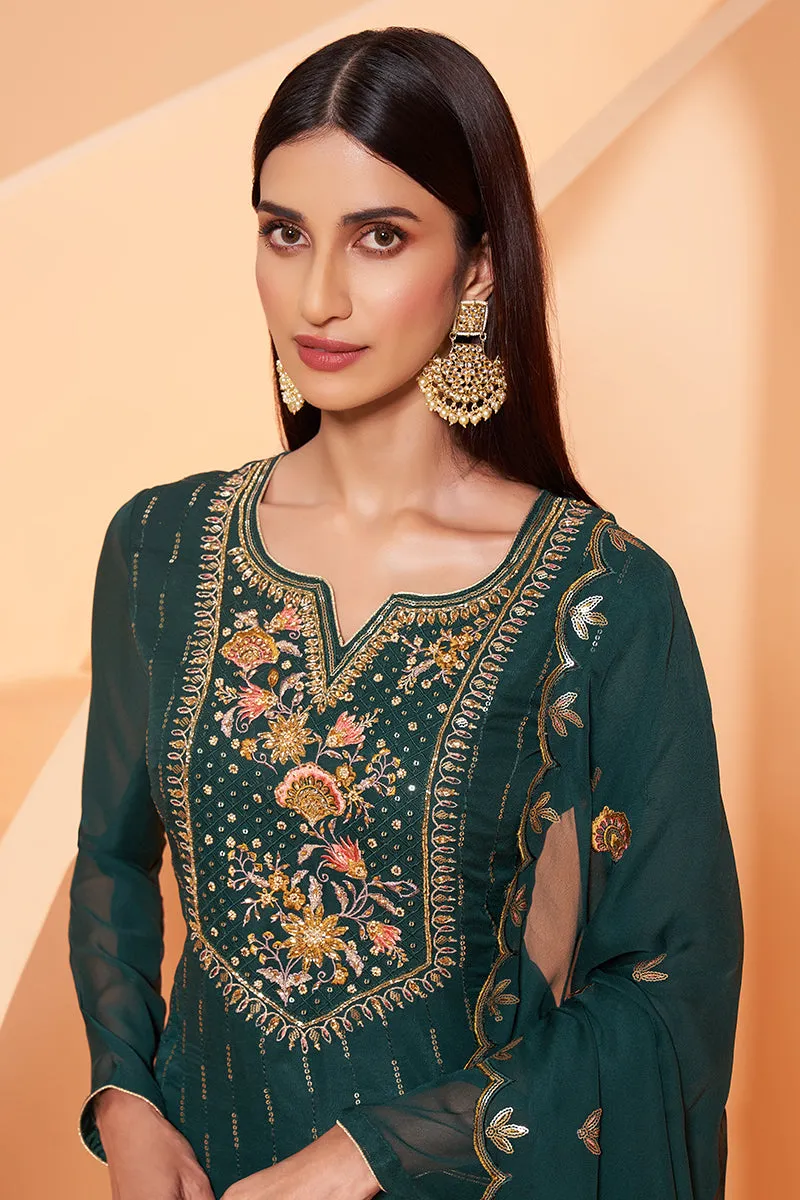 Dark Green Designer Pakistani Style Sequins Sharara Suit