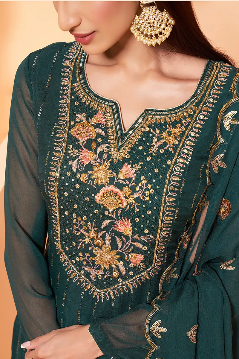 Dark Green Designer Pakistani Style Sequins Sharara Suit