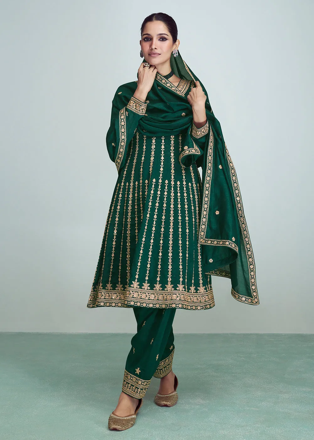 Dark Green Silk Embroidered Peplum Punjabi Style Suit