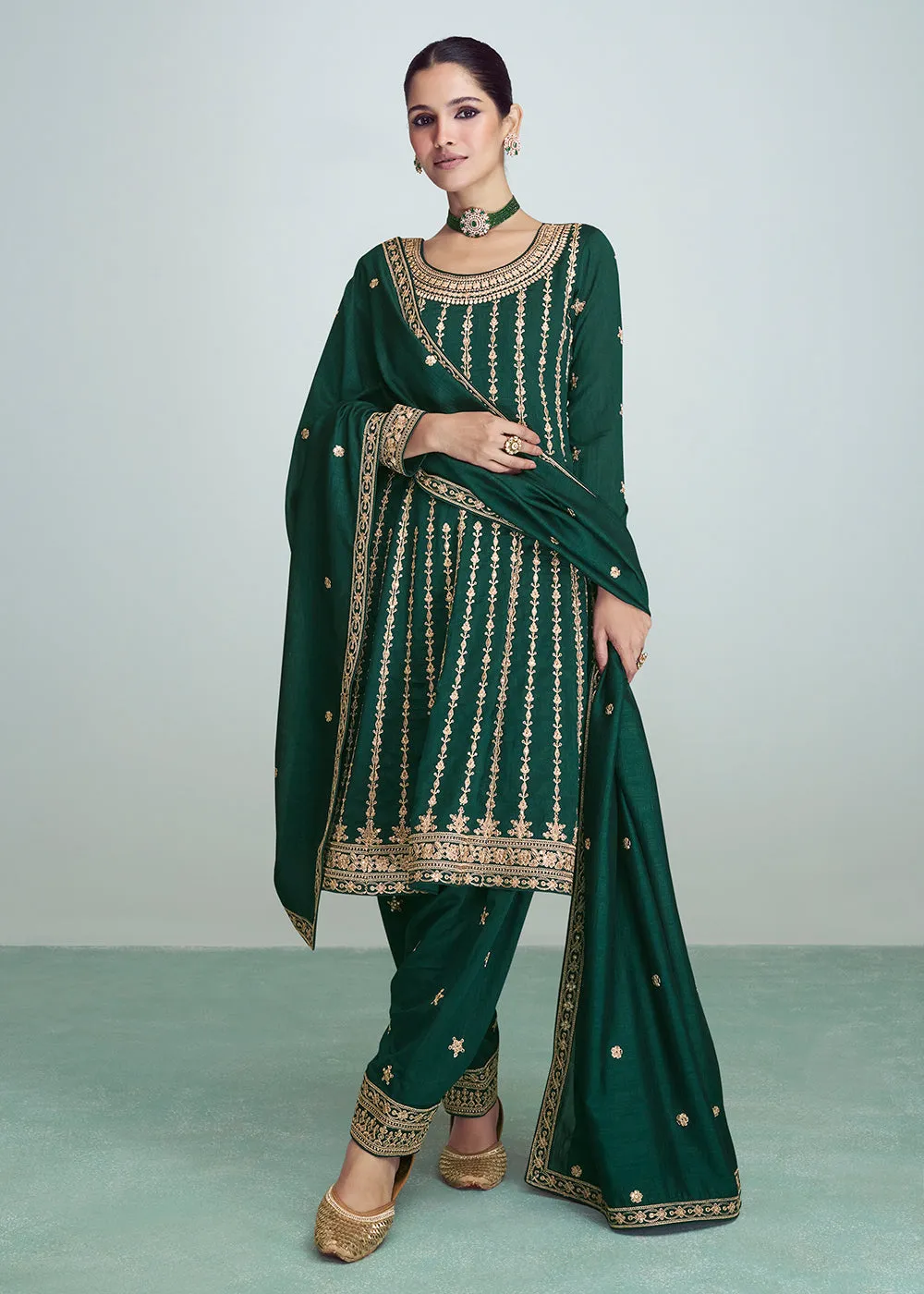 Dark Green Silk Embroidered Peplum Punjabi Style Suit