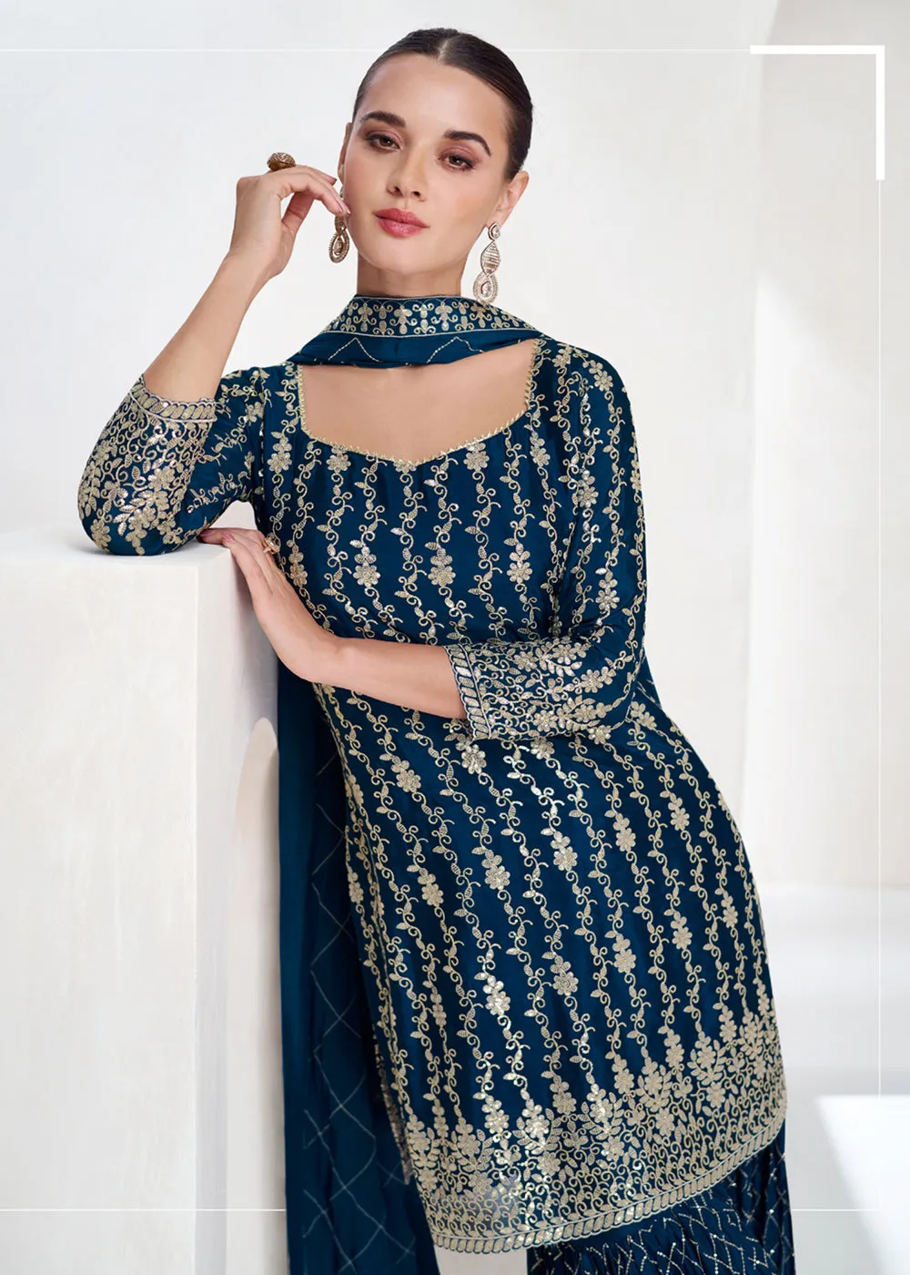 Designer Prussian Blue Embroidered Festive Gharara Suit