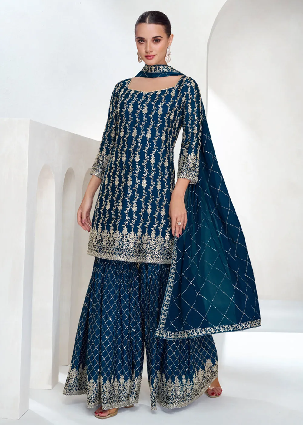 Designer Prussian Blue Embroidered Festive Gharara Suit