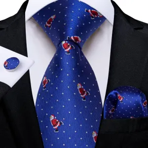 DiBanGu Blue Christmas Santa Claus Polka Dot Necktie Pocket Square Cufflinks Set