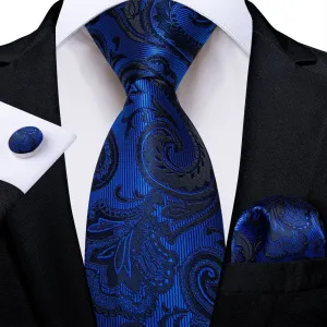 DiBanGu Dress Tie Navy Blue Floral Men's Silk Tie Handkerchief Cufflinks Set