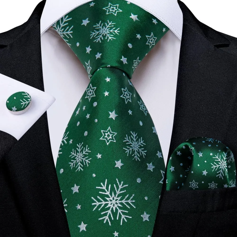 DiBanGu Green White Christmas Snowflake Necktie Pocket Square Cufflinks Set