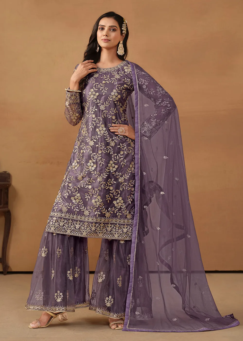 Dusty Purple Net Embroidered Wedding Festive Gharara Suit