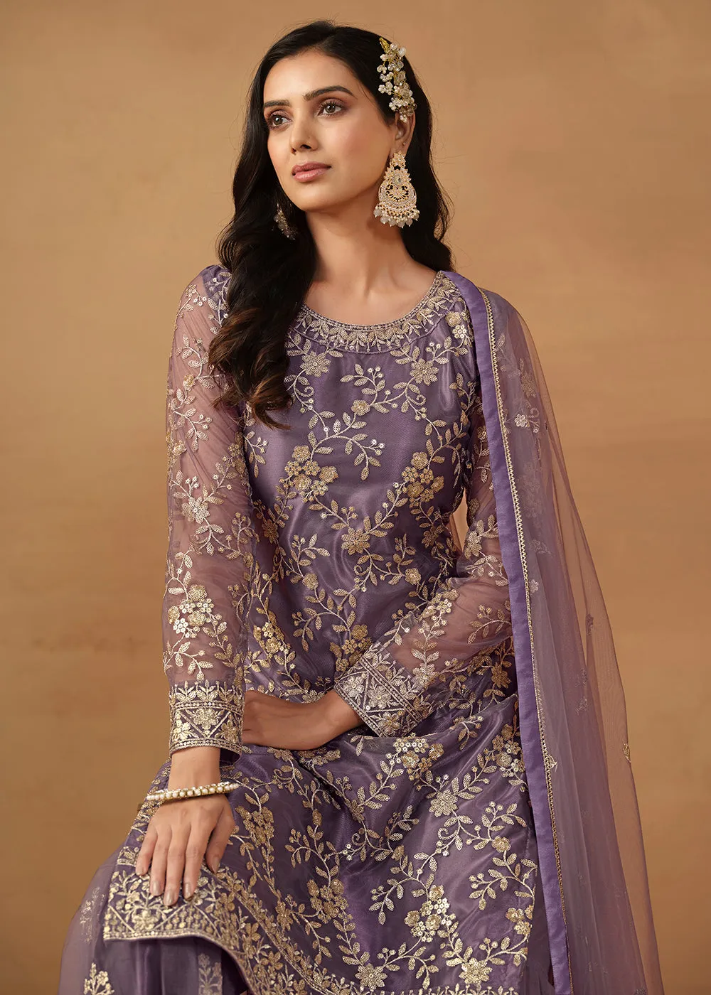 Dusty Purple Net Embroidered Wedding Festive Gharara Suit