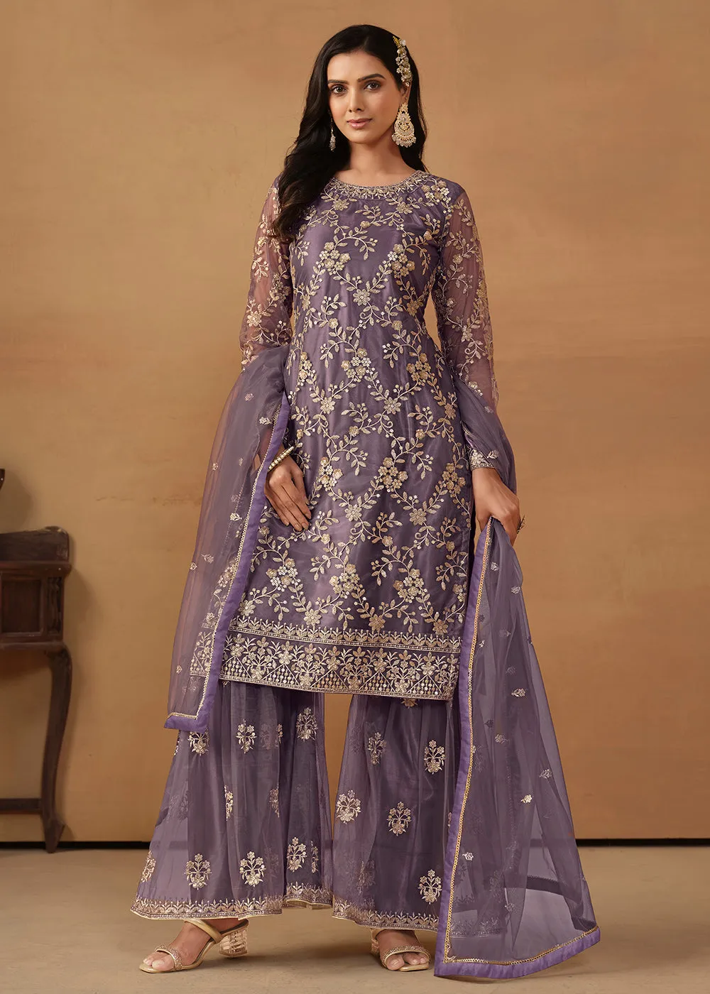 Dusty Purple Net Embroidered Wedding Festive Gharara Suit