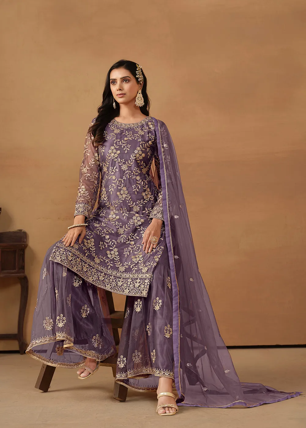 Dusty Purple Net Embroidered Wedding Festive Gharara Suit