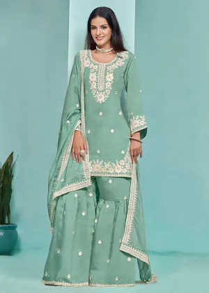 Elegant Aqua Designer Style Silk Gharara Style Suit