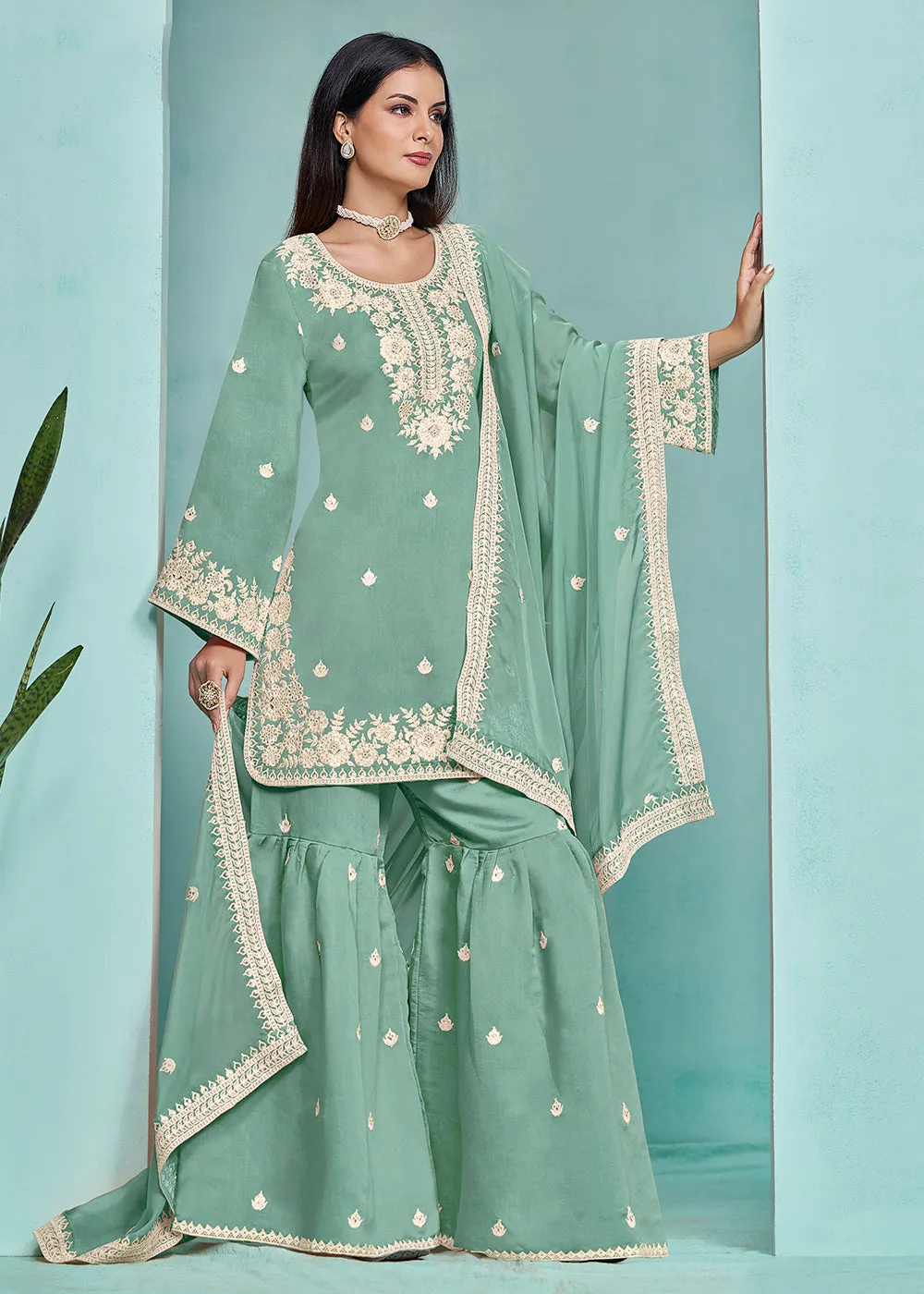 Elegant Aqua Designer Style Silk Gharara Style Suit