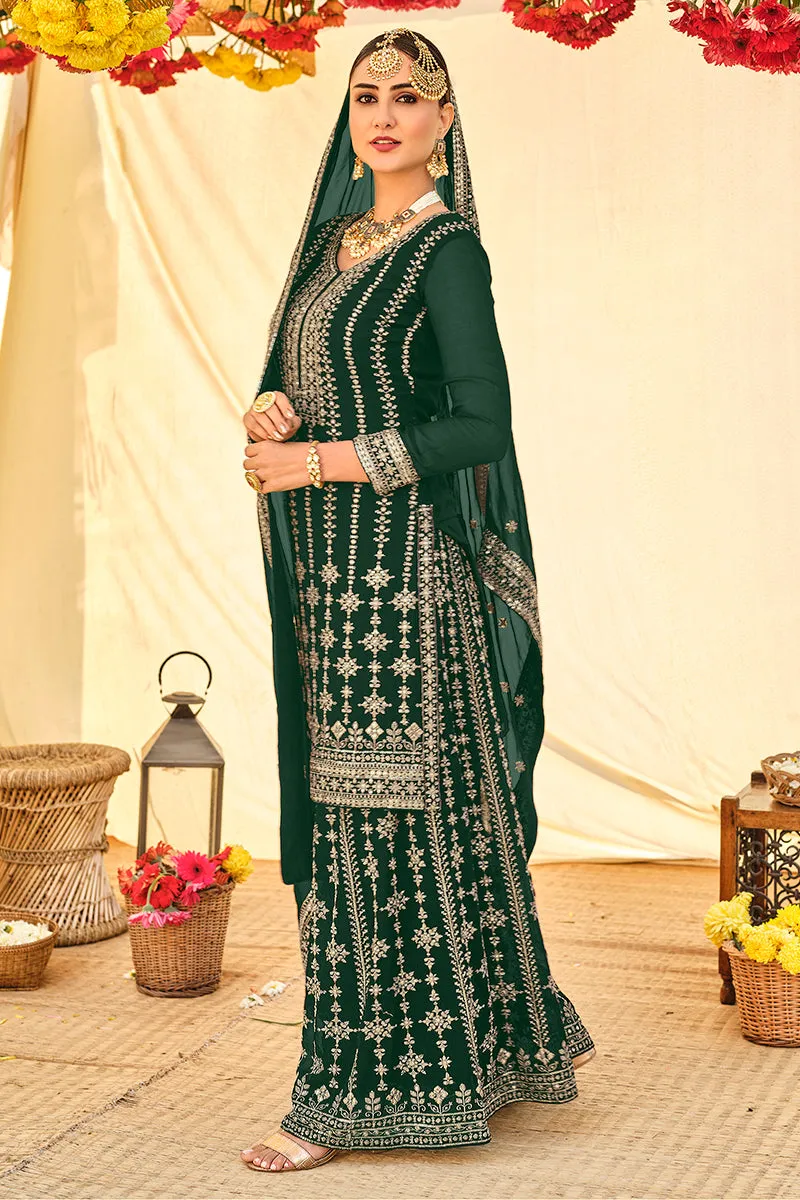 Elegant Green All Over Embroidered Palazzo Style Suit