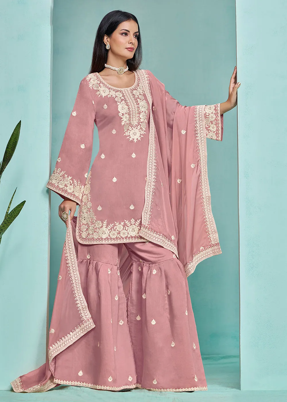 Elegant Pink Designer Style Silk Gharara Style Suit