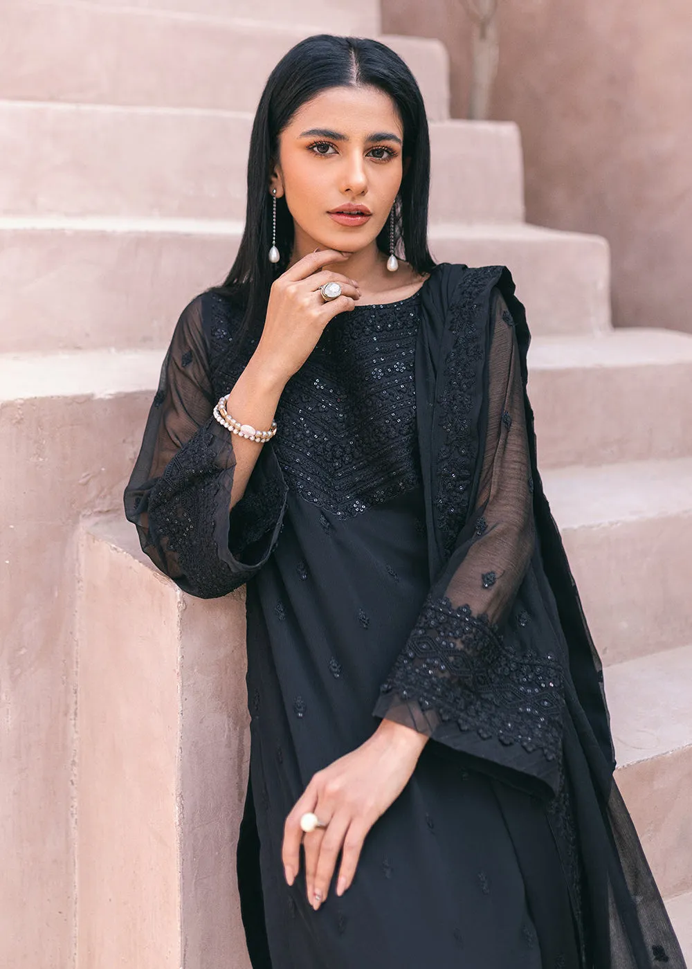 Embroidered Ensembles 3 Pcs by Azure | Charcoal Charm