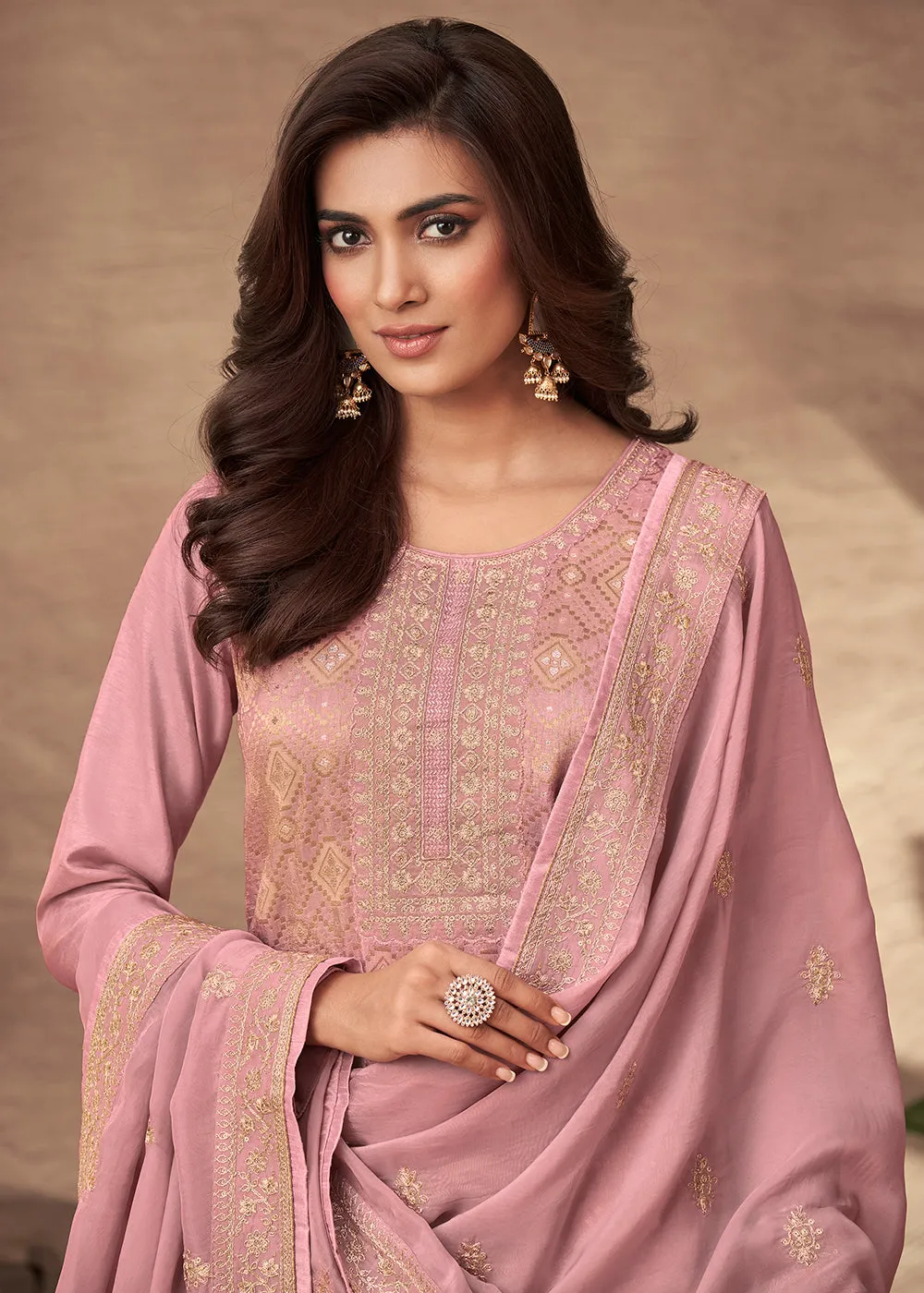 Embroidered Pink Viscose Jacquard Pant Style Salwar Suit